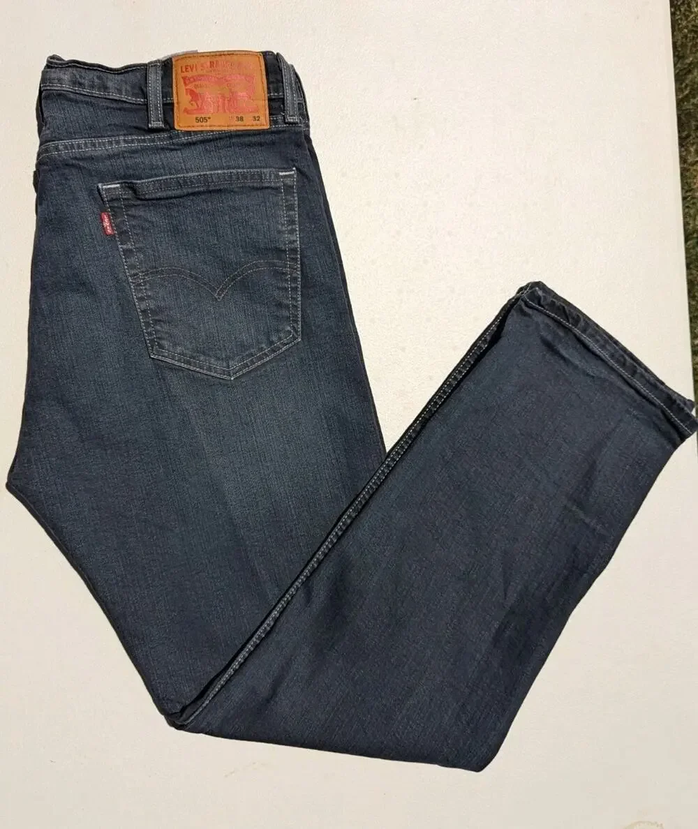 Mens Levi's 505 Regular Fit Jeans 38x32 Blue Medium Dark Wash Straight Leg